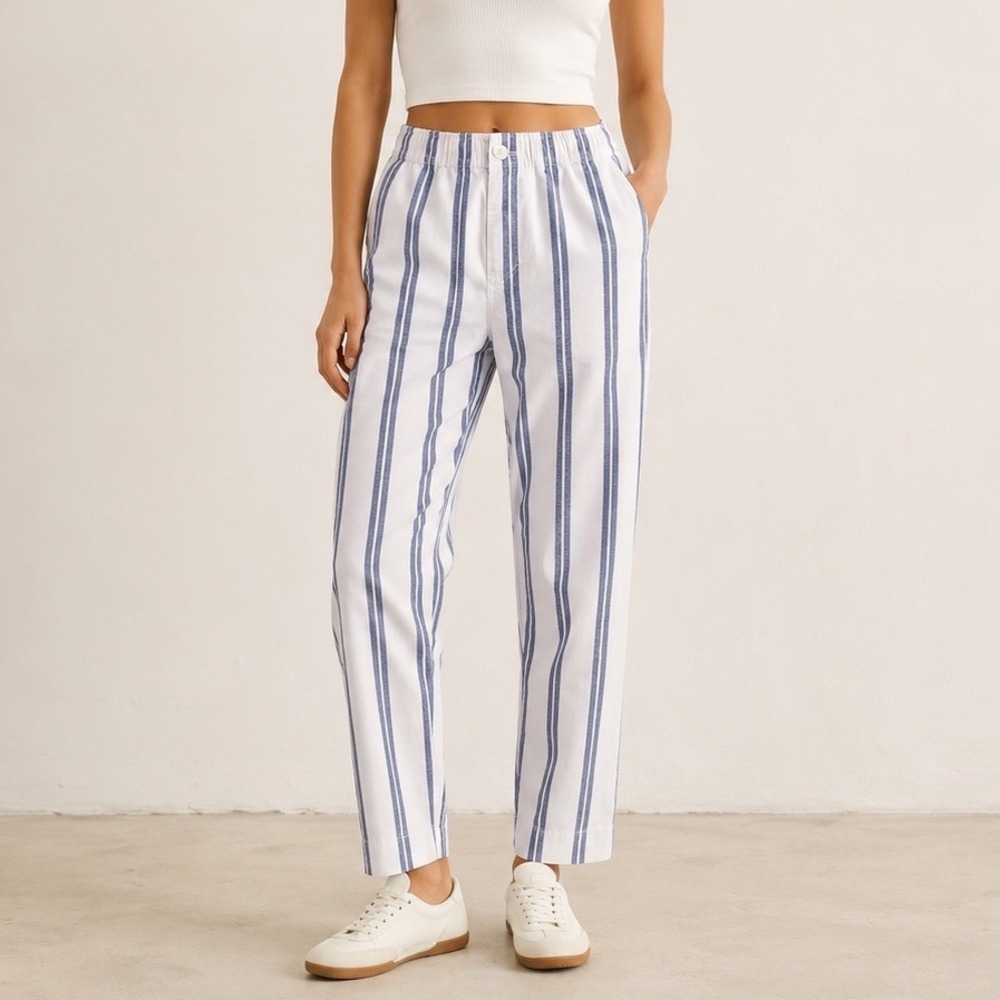 John Galt Striped Trouser‎ Pants Women One Size Blue White Elastic Waist Coastal